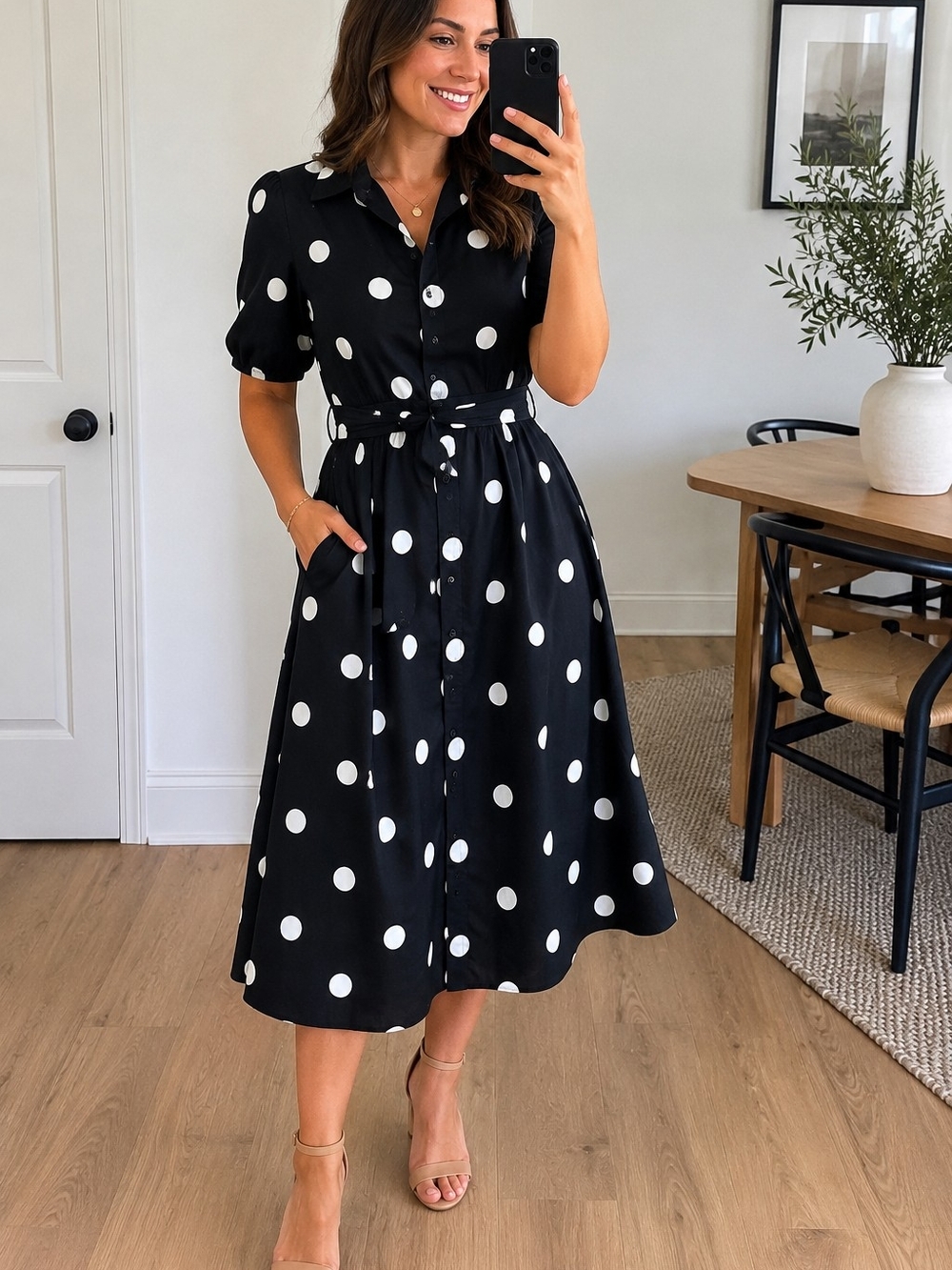 A New Day Black White Polka Dot Cotton Shirt Dress NWT XS